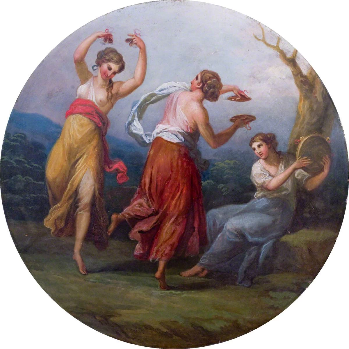 Tre figure danzanti con piatti e tamburi